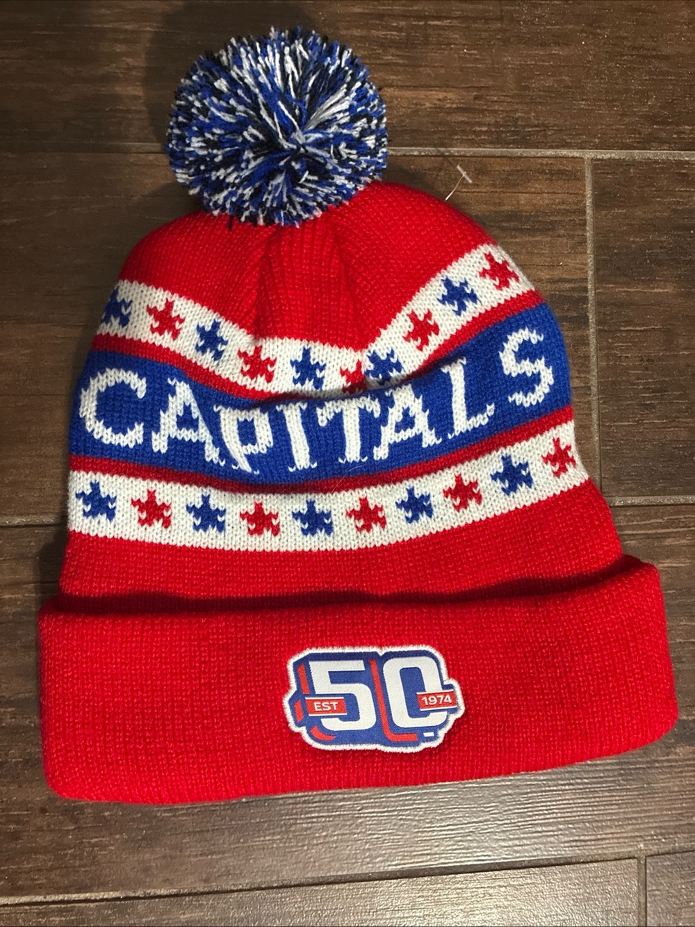 NWOT Washington Capitals Red, Blue & White Pom Knit Beanie. One size fits most